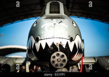 Un-10C Thunderbolt II si siede sotto un sole ombra Luglio 29, 2014, a Moody Air Force Base, Ga. A-10's arma primaria è un singolo 30mm GAU-8/A SETTE-canna Gatling Gun. È anche in grado di trasportare fino a 16.000 libbre di artiglieria misti come cluster bomb unità, giunto di attacco diretto di munizioni e di AIM Sidewinder missili. Airman 1. Classe Ryan Callaghan Foto Stock