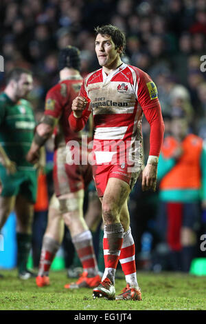 Leicester, Regno Unito. Xiii Febbraio, 2015. Aviva Premiership. Leicester Tigers versus Gloucester Rugby. James gancio (Gloucester) in azione. © Azione Sport Plus/Alamy Live News Foto Stock