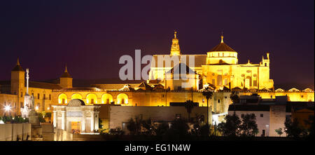 Cattedrale (Mezquita) e il ponte romano di notte, Cordoba, Andalusia, Spagna Foto Stock