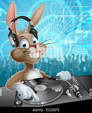 Un cartoon coniglietto di pasqua DJ con le cuffie al deck di registrazione con party ballare la folla in background Foto Stock