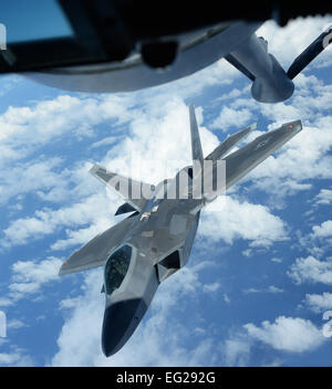 Un F-22 Raptor dal 199th Fighter Squadron si posiziona per ricevere carburante da un KC-135 Stratotanker dal 96Air Refuelling Squadron gen. 10, 2014, vicino a base comune Harbor-Hickam perla, Hawaii. Entrambi gli aeromobili e i loro equipaggi hanno partecipato alla cerimonia inaugurale forza totale integrazione Warrior Day, un evento di formazione che testato la cooperazione e la funzionalità di più agenzie di base. La formazione ha evidenziato l importanza dell integrazione di operazioni di active-dovere, Hawaii National Guard e Air Force unità di riserva. Il personale Sgt. Alexander Martinez Foto Stock