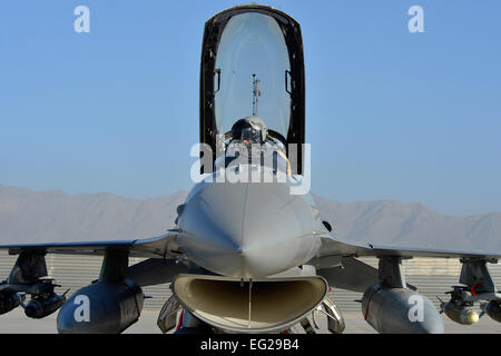 Il Mag. Raymond Fowler, un pilota con il centesimo Expeditionary Fighter Squadron "Red Tails", si prepara per una sortita a Bagram Airfield, Afghanistan, 7 Agosto, 2014. La F-16 Fighting Falcon è un compatto, multi-ruolo di aerei da combattimento che è estremamente manovrabile in combattimento air-air e aria-attacchi di superficie. L'unità è distribuito dal 187th Fighter Wing in Montgomery, Ala. Fowler è dispiegato dall'Alabama Guardia Nazionale e un nativo di Atlanta, Ga. Il personale Sgt. Evelyn Chavez Foto Stock
