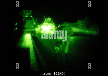 Il personale Sgt. Steven Owen, 455th Expeditionary forze di sicurezza militari del gruppo di lavoro del gestore del cane e militare cane da lavoro Tex condurre una notte le operazioni di ricerca del traffico in corrispondenza di punti di controllo al di fuori di Bagram Airfield, Afghanistan, 28 aprile 2013. TCPs forniscono un imprevedibile sullo stato di sicurezza in cui veicoli casuali sono selezionati per essere spazzato per contrabbando e tutti gli occupanti identificati e controllati. Senior Airman Chris Willis Foto Stock