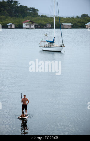 Paddle surf in Bocas del Toro, Panama. Non è stato molto tempo fa che Panama dell arcipelago Caraibico, Bocas del Toro, era nascosto, ni Foto Stock