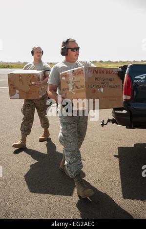 Avieri dal Kentucky Air National Guard 123della risposta di emergenza gruppo portano il sangue intero di un attesa C-130 Hercules a Léopold Sédar Senghor International Airport di Dakar in Senegal, Ottobre 22, 2014. Il sangue viene inviato alla Liberia per sostenere le truppe degli Stati Uniti distribuito per il funzionamento Regno Assistenza, U.S. Agenzia per lo Sviluppo Internazionale-led, tutta di sforzo del governo per rispondere alla epidemia di Ebola in Africa occidentale. Il Mag. Dale Greer Foto Stock