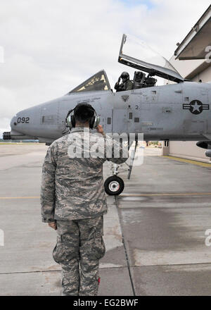 Il cap. Robert falegname e Senior Airman Michael Stedman salutate reciprocamente prima di decollare durante il Red Flag-Alaska 14-2 Giugno 20, 2014, su Eielson Air Force Base in Alaska. Durante l'esercizio, i partecipanti hanno utilizzato il giunto Pacific Alaska Range complessa per volare combattere missioni di addestramento. Falegname è un venticinquesimo Fighter Squadron pilota e Stedman è un cinquantunesimo Manutenzione aeromobili squadrone capo equipaggio assegnati a Osan Air Base, Corea del Sud. Senior Airman Ashley Nicole Taylor Foto Stock