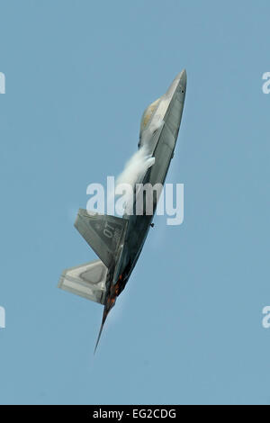 Un F-22 Raptor vola attraverso il cielo a 2014 difensori della libertà Open House e Air Show tenutosi il 19 luglio 2014 a Offutt Air Force Base, Neb. La F-22 dimostrazione Team è stato uno dei premier agisce all'air show. Josh Plueger Foto Stock