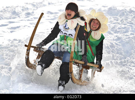 Pfronten, Germania. Xiv Feb, 2015. Partecipanti al tradizionale cornuto sled gara a testa in giù il corso sul loro sled di Pfronten, Germania, 14 febbraio 2015. La gara è considerato essere il più grande e il più antico cornuto sled gara di Allgaeu regione. Foto: KARL-JOSEF HILDENBRAND/dpa/Alamy Live News Foto Stock