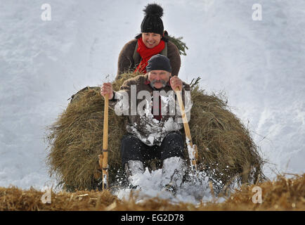 Pfronten, Germania. Xiv Feb, 2015. Partecipanti al tradizionale cornuto sled gara a testa in giù il corso sul loro fieno-laden sled di Pfronten, Germania, 14 febbraio 2015. La gara è considerato essere il più grande e il più antico cornuto sled gara di Allgaeu regione. Foto: KARL-JOSEF HILDENBRAND/dpa/Alamy Live News Foto Stock