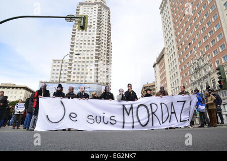 Madrid, Spagna. Xiv Feb, 2015. Banner principale della manifestazione contro il cittadino spagnolo di sicurezza (legge conosciuta come legge di Gag) con le parole "io" gag. Credito: Marcos del Mazo/Alamy Live News Foto Stock