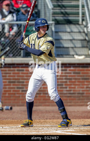 Atlanta, Georgia, Stati Uniti d'America. Xiv Feb, 2015. La doppia testata. Xiv Feb, 2015. La Georgia Tech giacche gialle ha ospitato la Fordham Rams a Russ Chandler Stadium di Atlanta in Georgia. Georgia Tech 3B Brandon oro (10). Fordham sconfitto la Georgia Tech 9-4 nel primo gioco della doppia testata. Credito: csm/Alamy Live News Foto Stock