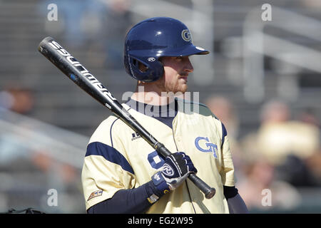 Atlanta, Georgia, Stati Uniti d'America. Xiv Feb, 2015. La doppia testata. Xiv Feb, 2015. La Georgia Tech giacche gialle ha ospitato la Fordham Rams a Russ Chandler Stadium di Atlanta in Georgia. Georgia Tech C A.J. Murray (9). Fordham sconfitto la Georgia Tech 9-4 nel primo gioco della doppia testata. Credito: csm/Alamy Live News Foto Stock