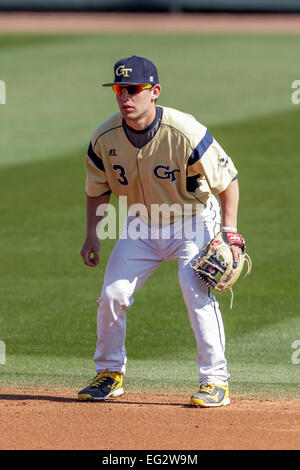 Atlanta, Georgia, Stati Uniti d'America. Xiv Feb, 2015. La doppia testata. Xiv Feb, 2015. La Georgia Tech giacche gialle ha ospitato la Fordham Rams a Russ Chandler Stadium di Atlanta in Georgia. Georgia Tech 2B Wade Bailey (3). Fordham sconfitto la Georgia Tech 9-4 nel primo gioco della doppia testata. Credito: csm/Alamy Live News Foto Stock