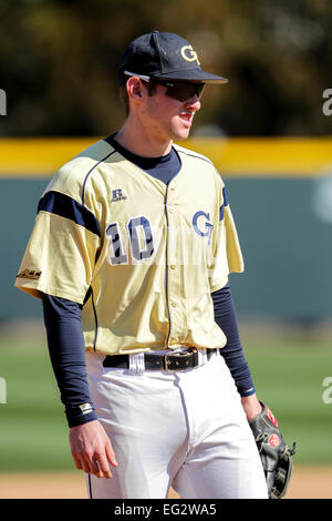 Atlanta, Georgia, Stati Uniti d'America. Xiv Feb, 2015. La doppia testata. Xiv Feb, 2015. La Georgia Tech giacche gialle ha ospitato la Fordham Rams a Russ Chandler Stadium di Atlanta in Georgia. Georgia Tech 3B Brandon oro (10). Fordham sconfitto la Georgia Tech 9-4 nel primo gioco della doppia testata. Credito: csm/Alamy Live News Foto Stock