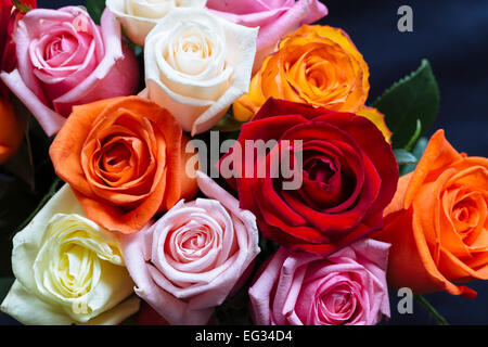 Mazzo di rose colorate contro la superficie scura Foto Stock