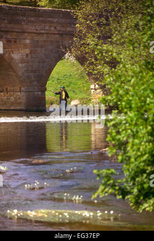 Pescatore al ponte sul fiume Coquet, Paperhaugh vicino a Rothbury, Northumberland Foto Stock