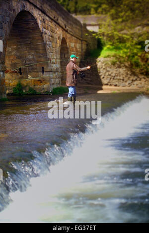 Pescatore al ponte sul fiume Coquet, Paperhaugh vicino a Rothbury, Northumberland Foto Stock