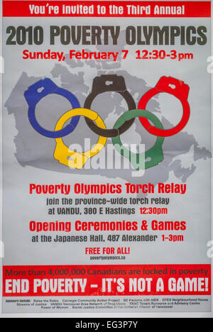 Vancouver, Canada-Feb,12,2010: un poster realizzato da anti Olympic manifestanti a favore degli alloggi sociali e protestando Giochi Olimpici Foto Stock