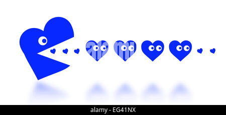 Concetto di dating - big Pacman cuore in caccia di piccoli cuori - blu Foto Stock