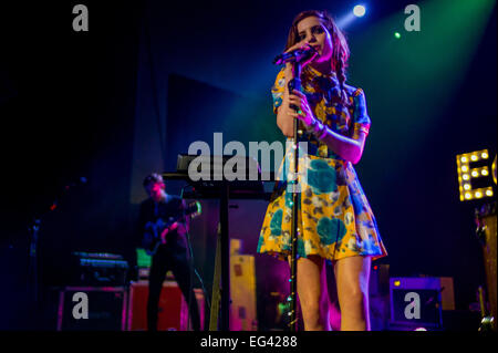 Austin, TX, Stati Uniti d'America. Febbraio 15 2015. Graham Sierota (sinistra) e Sydney Sierota (destra) di American indie pop band Echosmith. Foto Stock