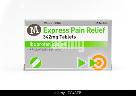 Morrisons propria etichetta express sollievo dal dolore 342mg compresse confezione al dettaglio Foto Stock