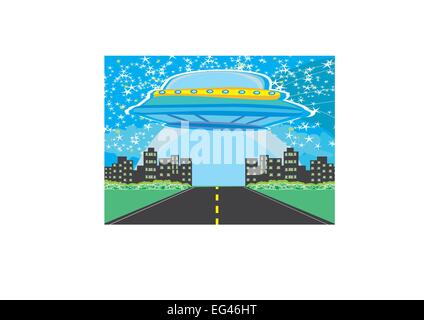 UFO astronave e grandi città di notte Illustrazione Vettoriale