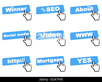 Blu di quattro pulsanti Web con il cursore a forma di mano. Foto Stock