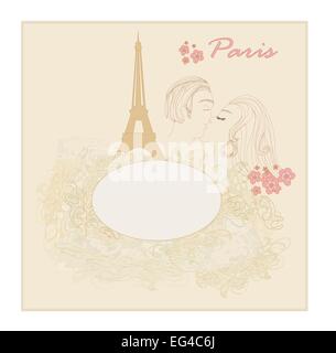 Coppia romantica a Parigi kissing vicino alla Torre Eiffel Illustrazione Vettoriale