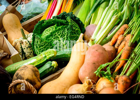 Varietà locali di ortaggi freschi sul mercato degli agricoltori in stallo, isole Scilly, Regno Unito Foto Stock