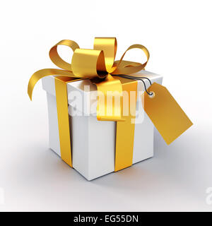 Scatola regalo bianca legata con nastri di oro, isolato su bianco Foto Stock