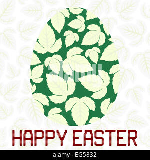 Felice Pasqua messaggio di saluto con un disegno di foglie sovrapposte su un uovo verde dello sfondo. Foto Stock