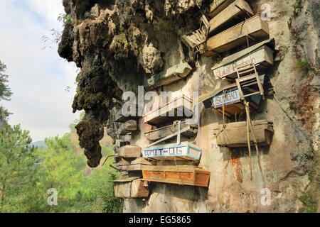 Philippinos nella regione di montagna di Sagada utilizzato per appendere le bare con i loro morti in giù una scogliera come una sepoltura tradizione in Val di eco Foto Stock