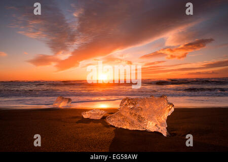 Glacier Ice lavato fino sulla spiaggia di sabbia nera a Jokulsarlon in Islanda. Foto Stock