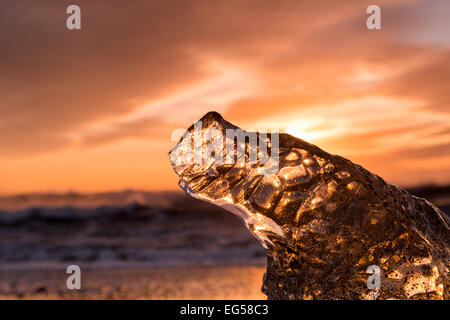 Glacier Ice lavato fino sulla spiaggia di sabbia nera a Jokulsarlon in Islanda. Foto Stock