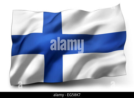 Sventola bandiera della Finlandia isolati su sfondo bianco Foto Stock