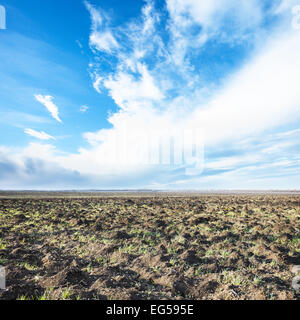 Il cielo blu con nuvole bianche su fileld arati in primavera Foto Stock