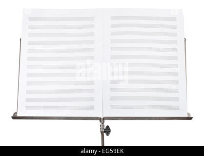 Blank doppie pagine di un libro di musica su music stand close up isolati su sfondo bianco Foto Stock