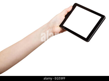 Mano azienda tablet pc con schermo di esclusione isolati su sfondo bianco Foto Stock