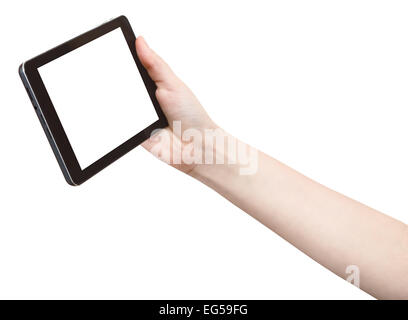 Mano trattiene touchpad con schermo di esclusione isolati su sfondo bianco Foto Stock
