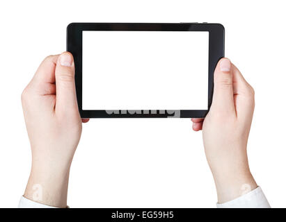 Imprenditore mani detiene il tablet pc con taglio fuori schermo isolato su sfondo bianco Foto Stock