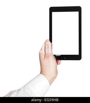 Imprenditore mano trattiene touchpad con schermo di esclusione isolati su sfondo bianco Foto Stock