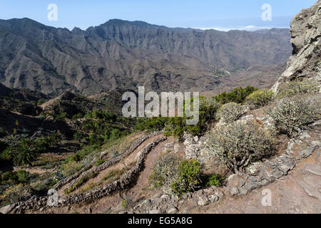 Vista dal sentiero escursionistico tra il Mirador Degollada de Paraza e La Laja, La Gomera, isole Canarie, Spagna Foto Stock