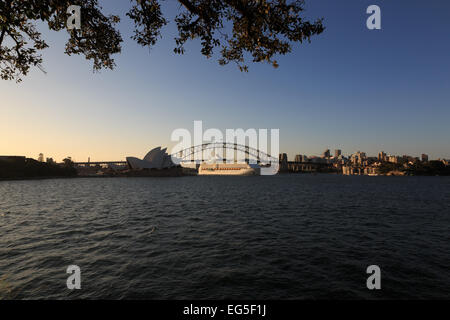 Una fotografia di un passeggero grande nave da crociera di fronte all'Opera House e il Ponte del Porto di Sydney, Australia. Foto Stock