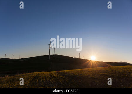 Fattoria eolica al tramonto, vicino a Ardales Provincia di Malaga Spagna Foto Stock
