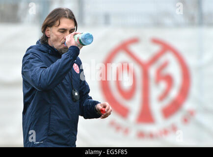 Mainz, Germania. Xvii Feb, 2015. Mainz è di nuovo capo-allenatore Martin Schmidt gesti durante una sessione di formazione della Bundesliga tedesca soccer team 1st FSV Mainz al Bruchweg Stadium di Mainz, Germania, 17 febbraio 2015. Schmidt addestrati sotto-23 team di Magonza dal 2010. Questa mattina la Bundesliga soccer team ha respinto il trainer Trainer Hjulmand. Foto: ARNE DEDERT/dpa/Alamy Live News Foto Stock