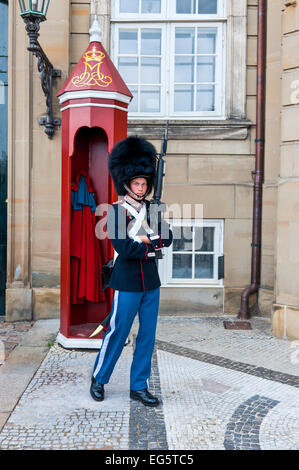 Una guardia dal Royal bagnini è in piedi sul dovere presso il Palazzo Amalienborg complesso in Copenhagen Foto Stock