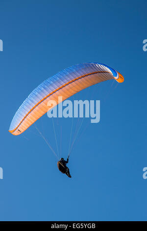 Westbury, Wiltshire, Regno Unito. 17 Febbraio, 2015. Regno Unito meteo. I cieli azzurri e condizioni blande vide numeri di parapendisti conquista il cielo sopra il cavallo bianco pietra miliare in Westbury. Le condizioni ideali ammessi per metà semestre gli escursionisti per godere il paesaggio al di sotto, che si estendeva per miglia la frizzante aria invernale. Il famoso cavallo bianco ha recentemente ospitato in un annuncio promozionale per il rugby inglese. Credito: Wayne Farrell/Alamy Live News Foto Stock