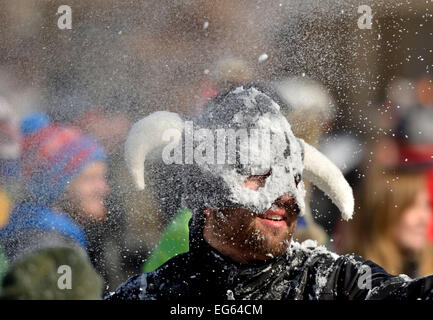 Washington, DC, Stati Uniti d'America. Xvii Feb, 2015. Le persone partecipano in una lotta con le palle di neve a Meridian Hill Park in Washington, DC, Stati Uniti, Feb 17, 2015. La capitale degli Stati Uniti ha ricevuto 10-15 cm di neve per tutta la notte. Credito: Yin Bogu/Xinhua/Alamy Live News Foto Stock