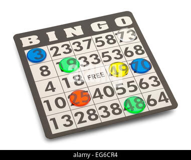 Scheda di Bingo con i pezzi di gioco isolato su sfondo bianco. Foto Stock