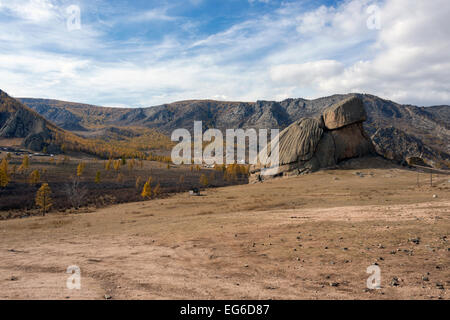 Turtle Rock con golden tamaracks, Gorkhi-Terelj Parco Nazionale, vicino a Ulaan Baatar, Mongolia Foto Stock